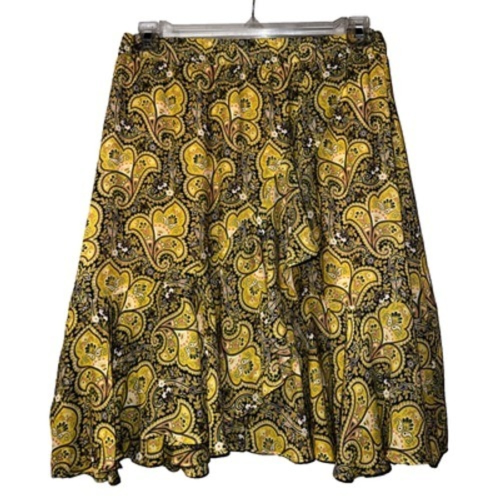 Loft Womens Yellow Black Paisley Ruffle‎ Tiered Midi Skirt Size S Elastic Waist